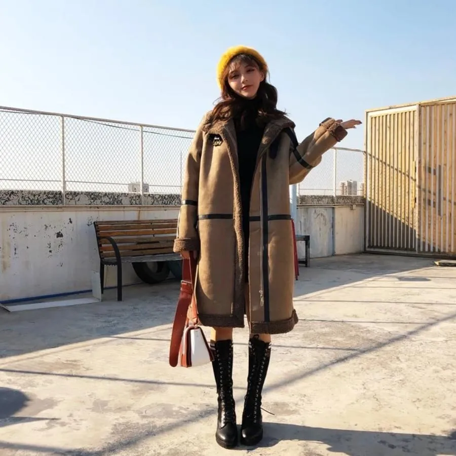 Women's Winter Warm Faux Sheepskin Long Coat With Faux Fur