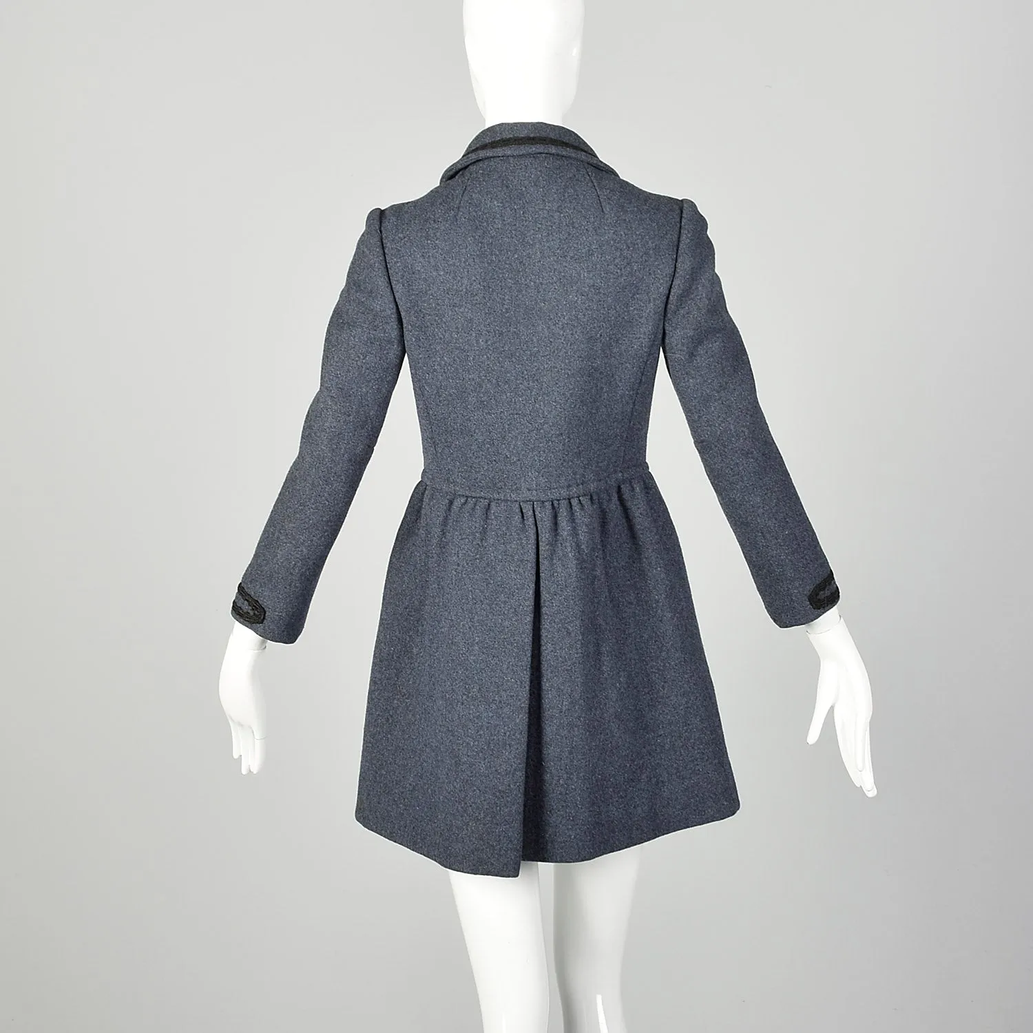 XXS 1960s Coat Blue Wool Babydoll Mod Black Military Trim Winter Heavyweight Winter Coat
